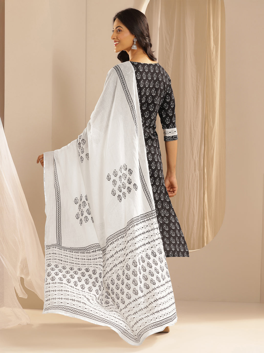 Monochrome Printed Cotton Straight Suit With Dupatta