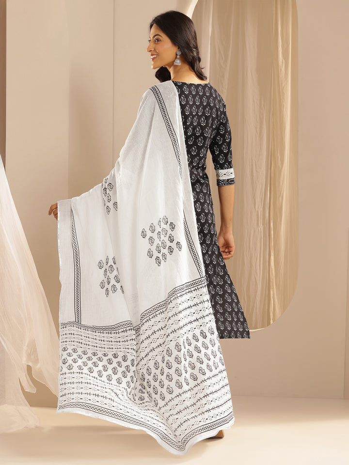 Monochrome Printed Cotton Straight Suit With Dupatta