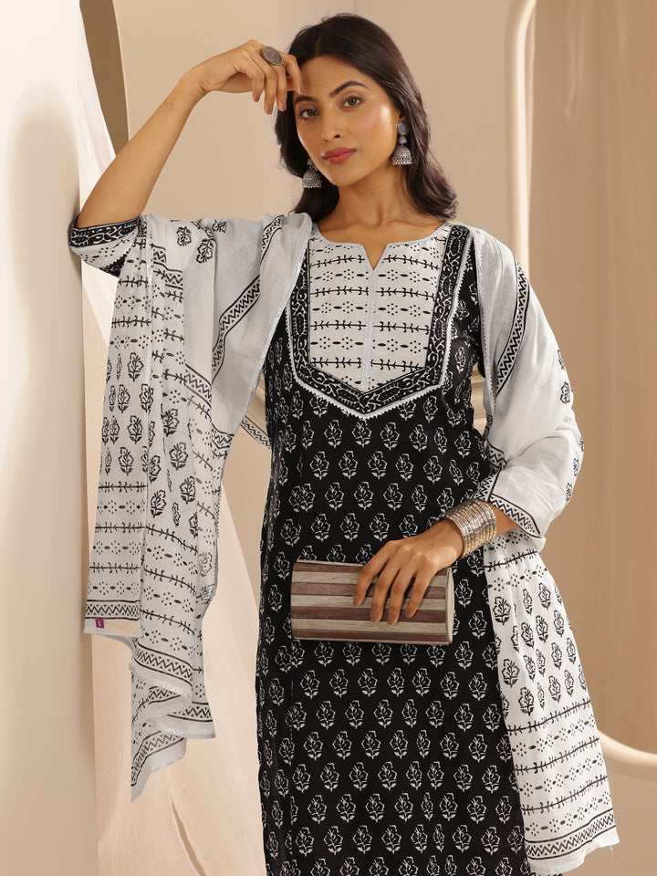 Monochrome Printed Cotton Straight Suit With Dupatta