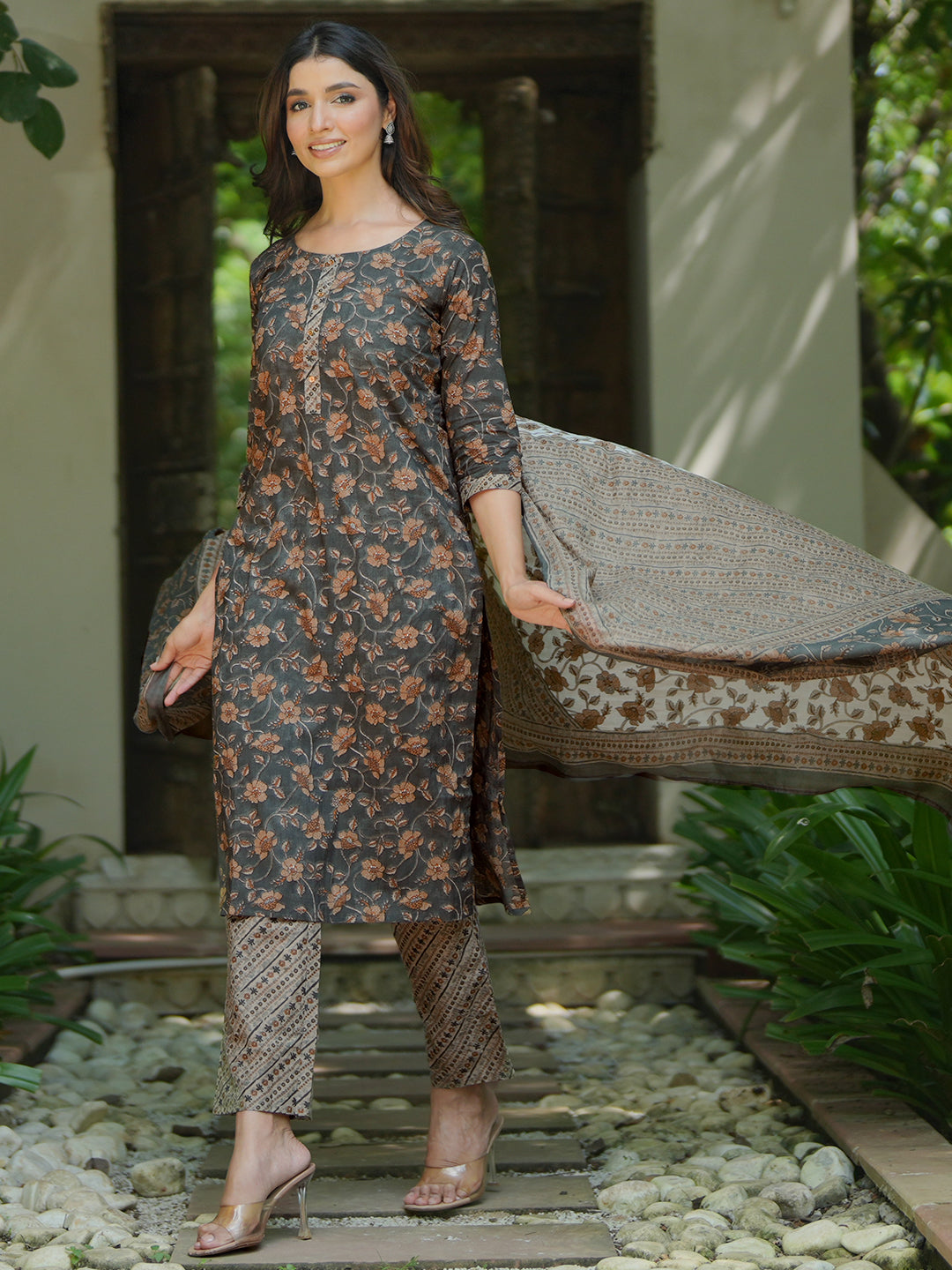 Buy Grey Printed Cotton Straight Suit With Dupatta Online at $36.00 USD ...