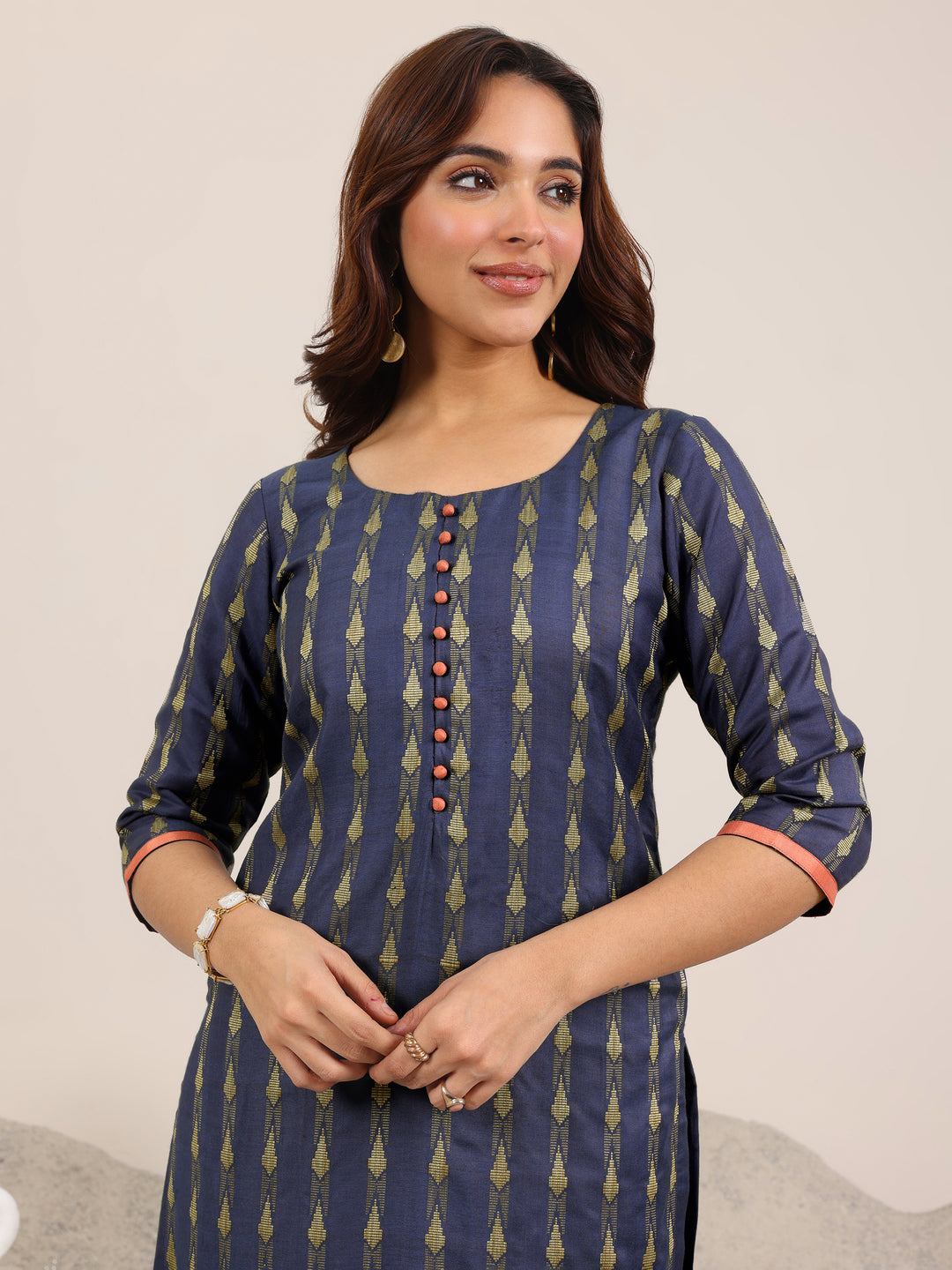 Blue Woven Design Silk Blend Straight Suit Set With Dupatta