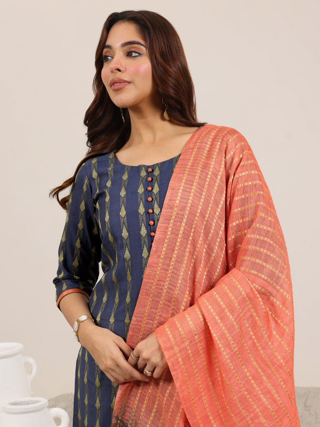 Blue Woven Design Silk Blend Straight Suit Set With Dupatta