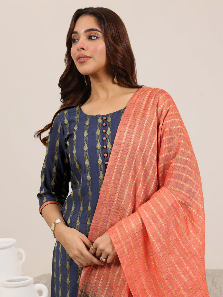 Blue Woven Design Silk Blend Straight Suit Set With Dupatta