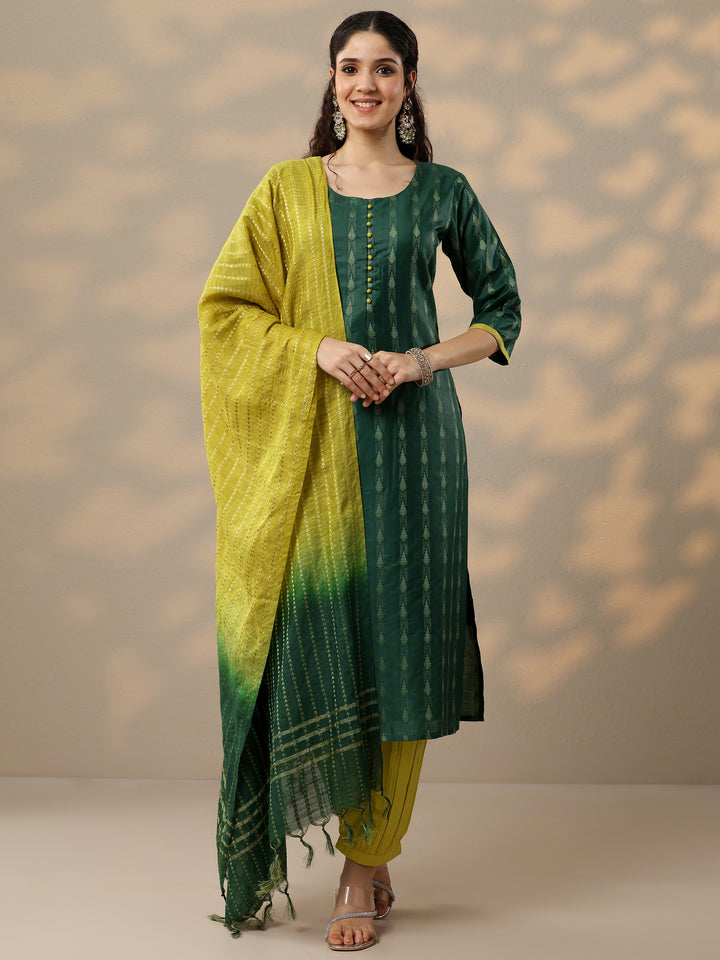 Green Woven Design Silk Blend Straight Suit With Dupatta