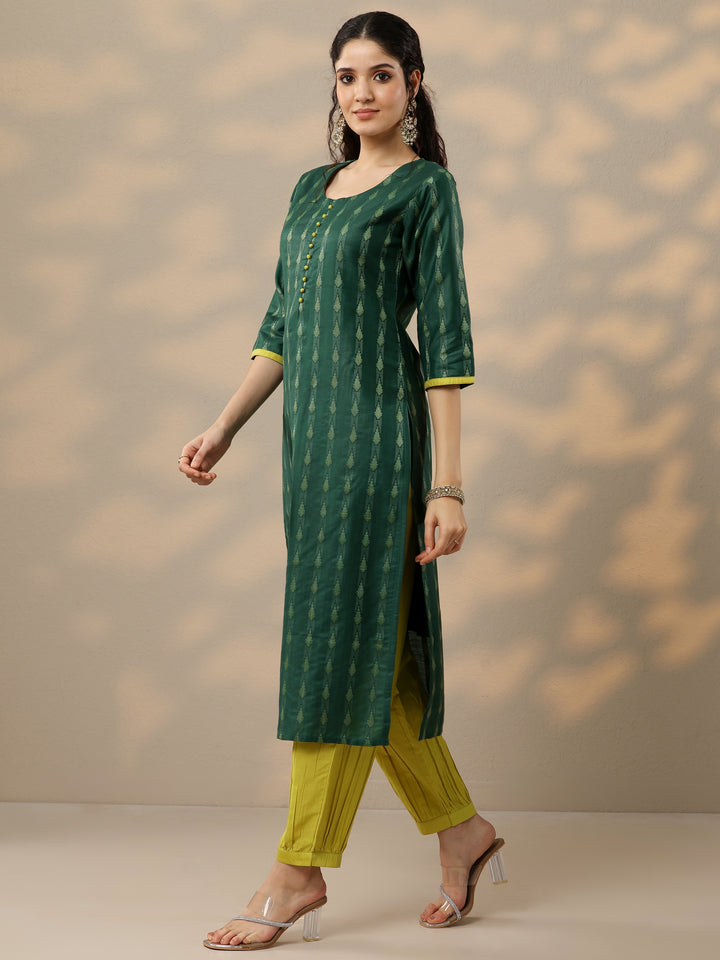 Green Woven Design Silk Blend Straight Suit With Dupatta