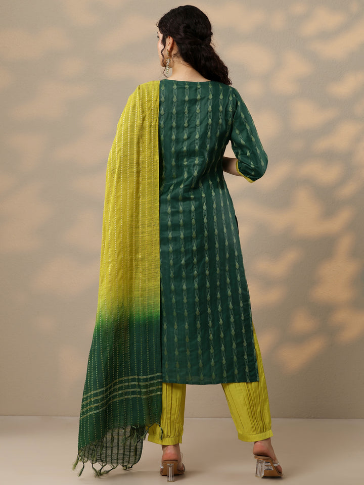 Green Woven Design Silk Blend Straight Suit With Dupatta