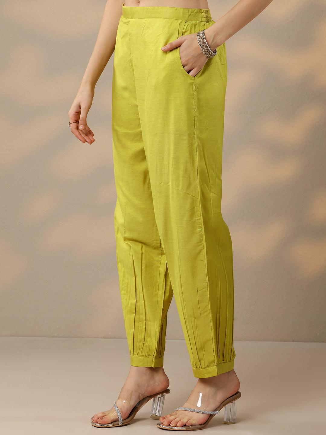 Green Woven Design Silk Blend Straight Suit With Dupatta