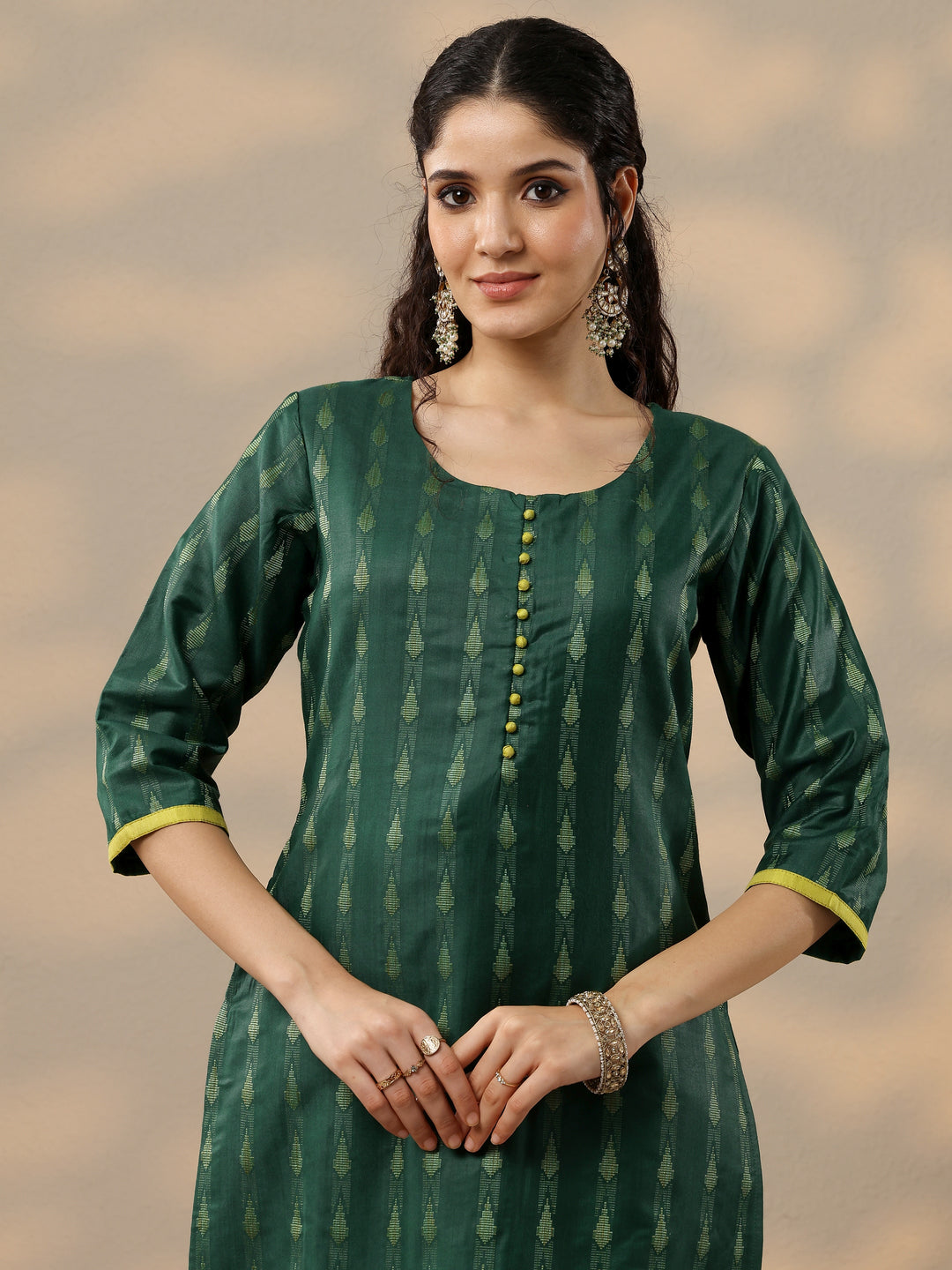 Green Woven Design Silk Blend Straight Suit With Dupatta
