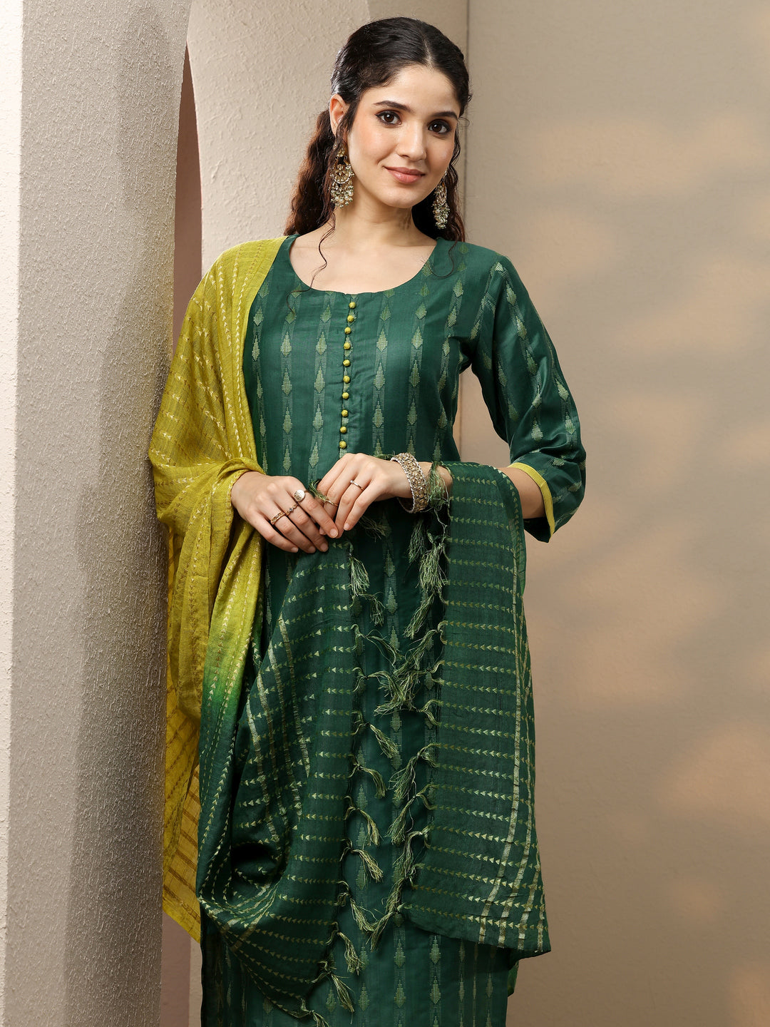Green Woven Design Silk Blend Straight Suit With Dupatta