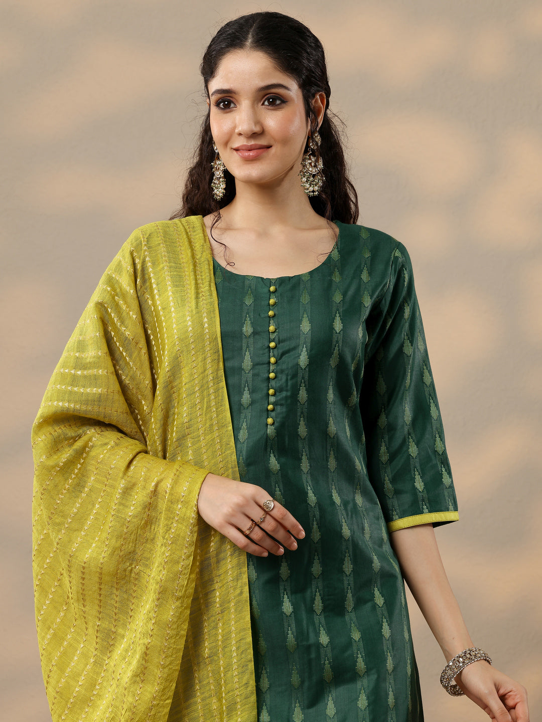 Green Woven Design Silk Blend Straight Suit With Dupatta