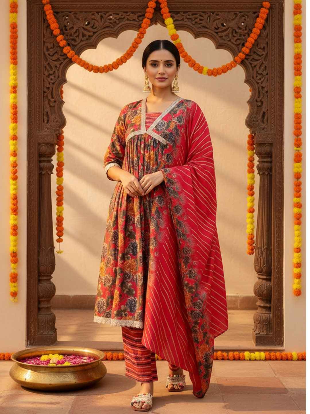 Pink Printed Silk Blend A-Line Kurta With Trousers & Dupatta