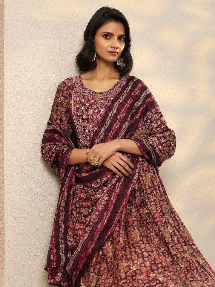 Burgundy Printed Silk Blend A-Line Kurta With Trousers & Dupatta