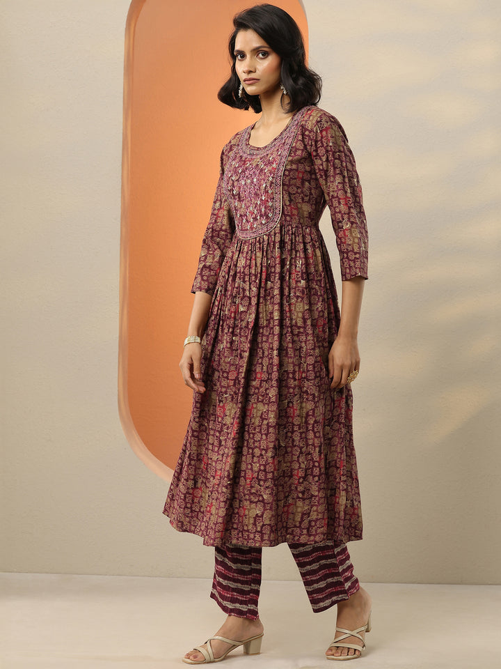 Burgundy Printed Silk Blend A-Line Kurta With Trousers & Dupatta