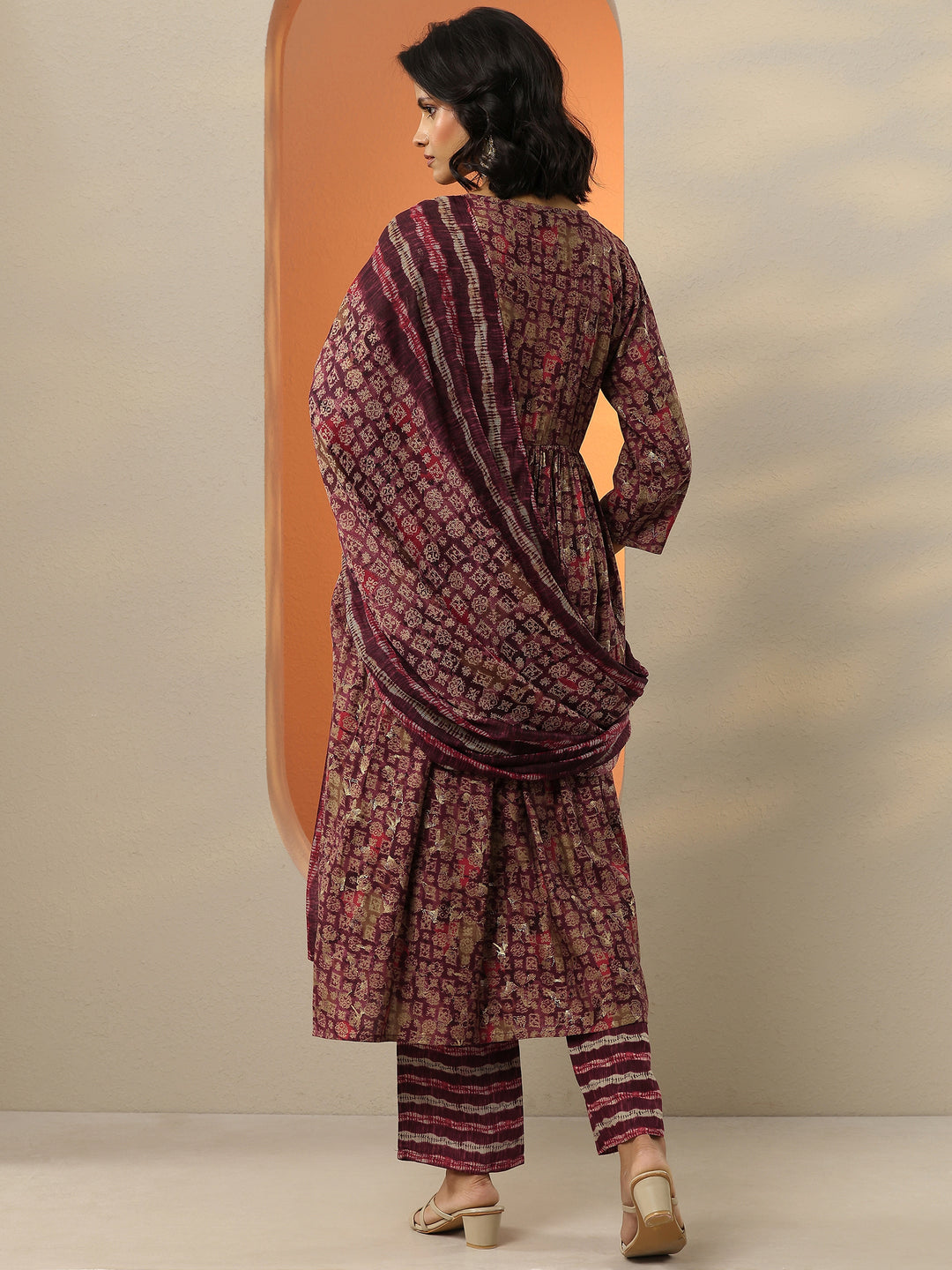 Burgundy Printed Silk Blend A-Line Kurta With Trousers & Dupatta