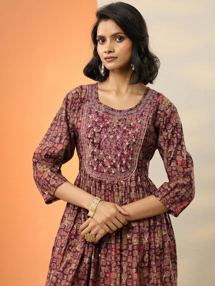 Burgundy Printed Silk Blend A-Line Kurta With Trousers & Dupatta