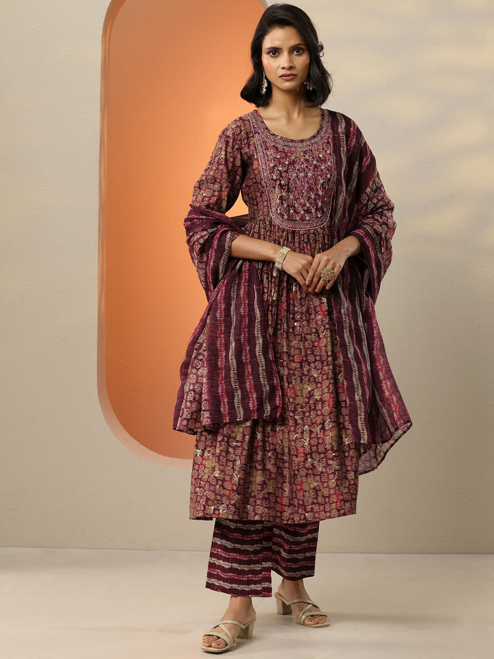 Burgundy Printed Silk Blend A-Line Kurta With Trousers & Dupatta