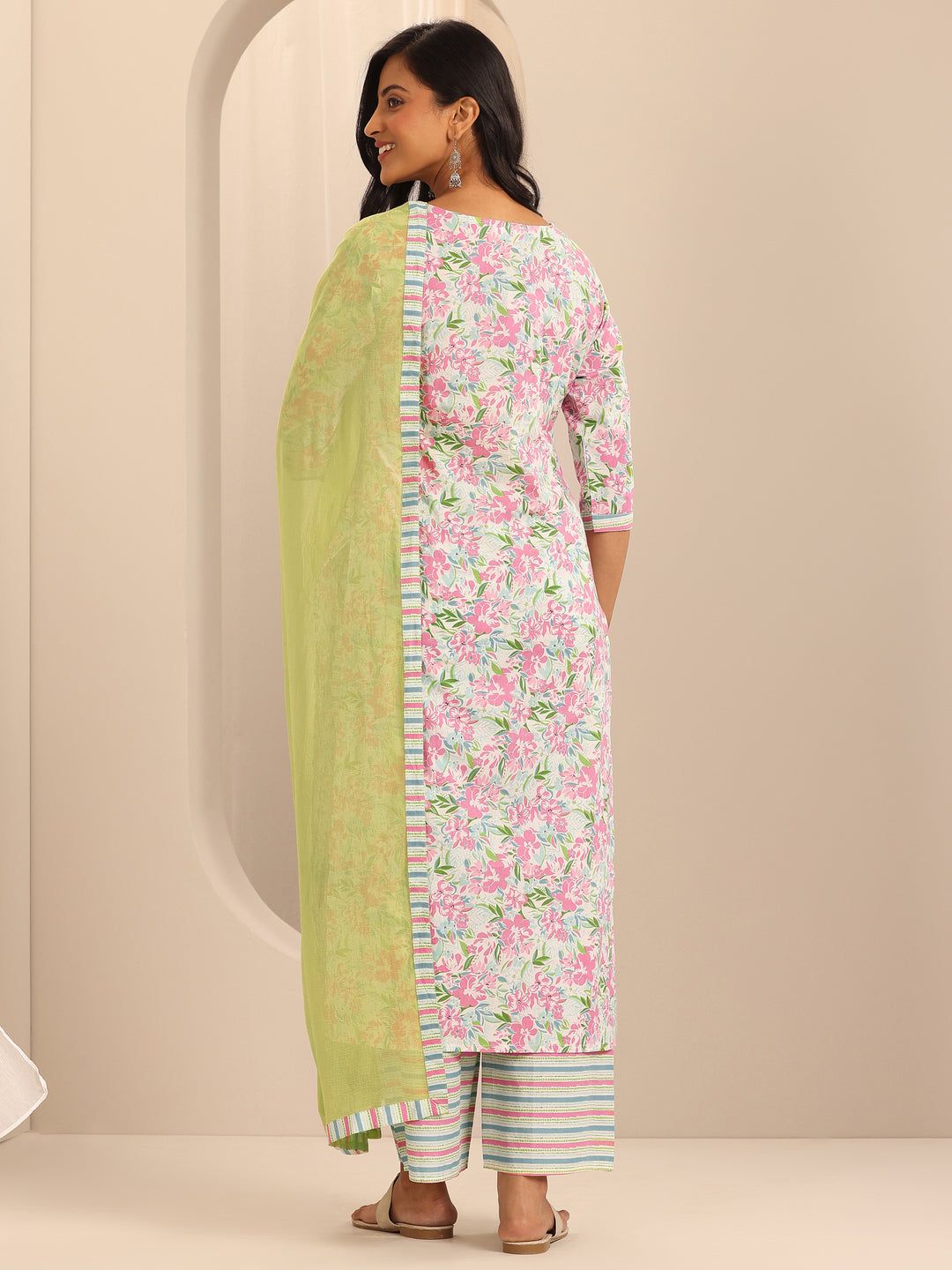 Off White Printed Cotton Straight Suit With Dupatta