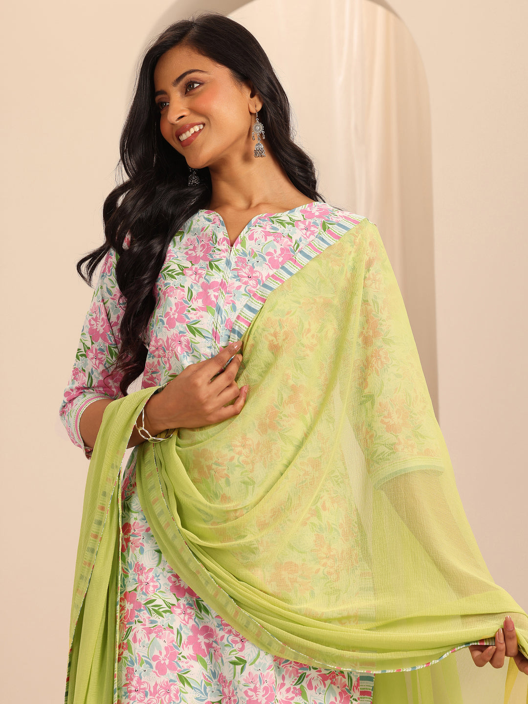 Off White Printed Cotton Straight Suit With Dupatta