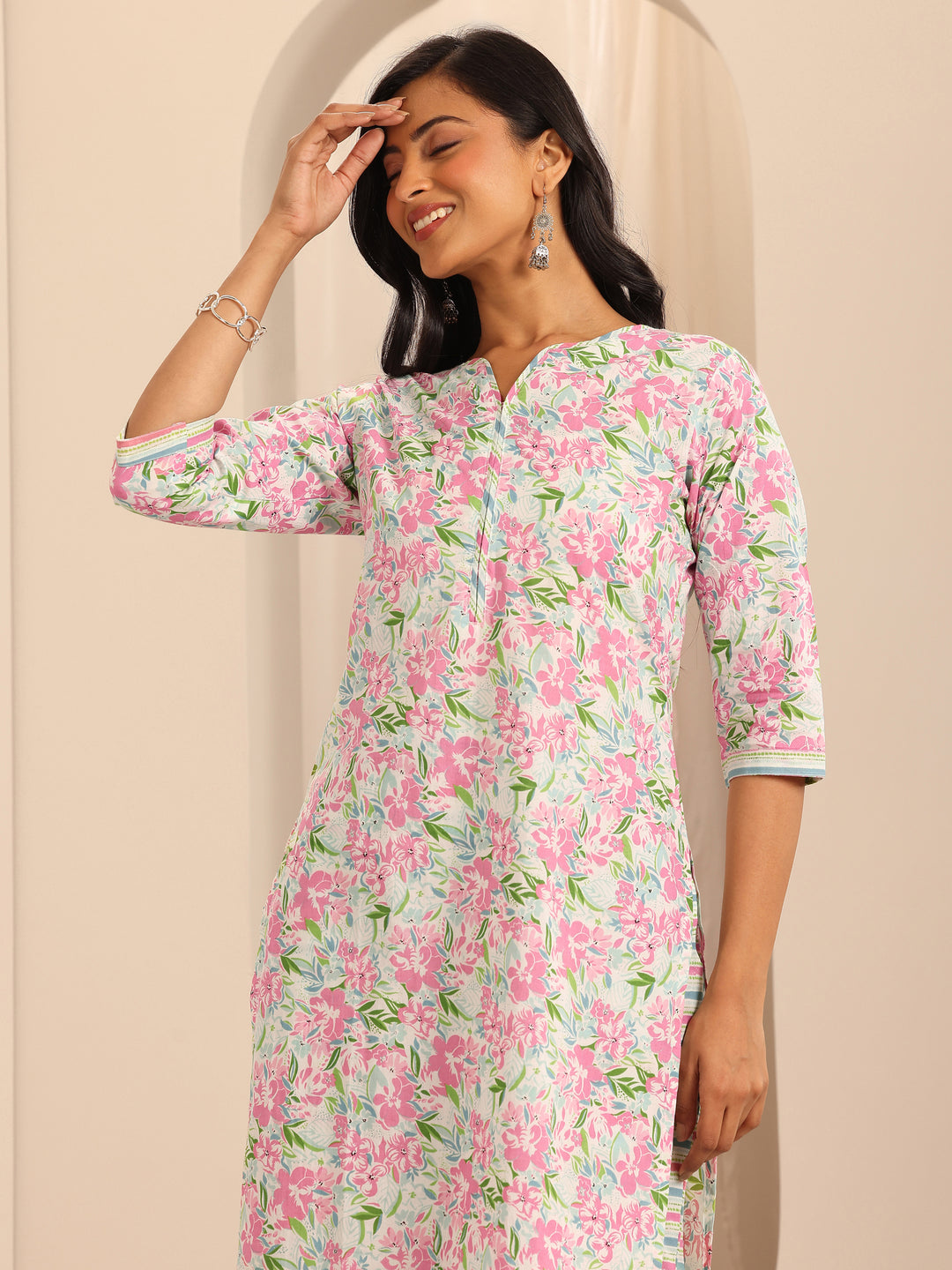 Off White Printed Cotton Straight Suit With Dupatta