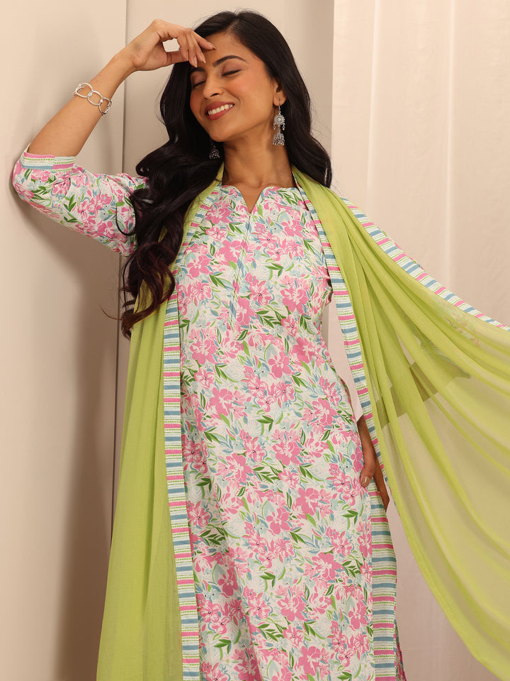 Off White Printed Cotton Straight Suit With Dupatta