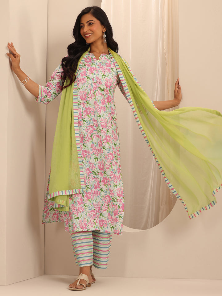 Off White Printed Cotton Straight Suit With Dupatta