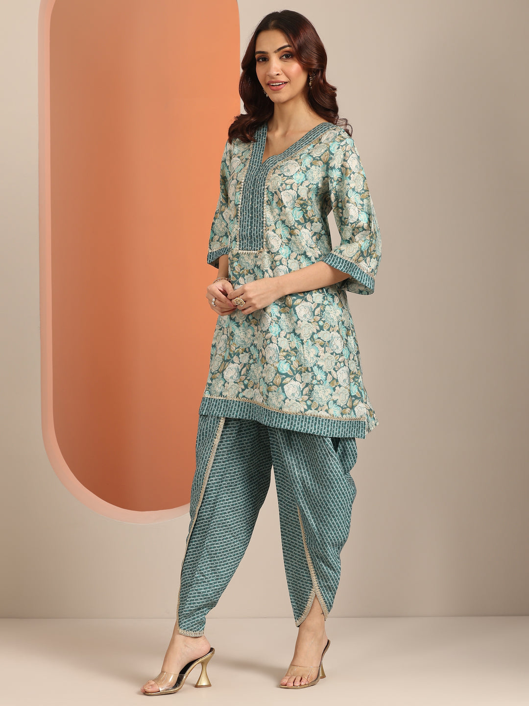 Blue Printed Silk Blend A-Line Kurta With Dhoti Pants