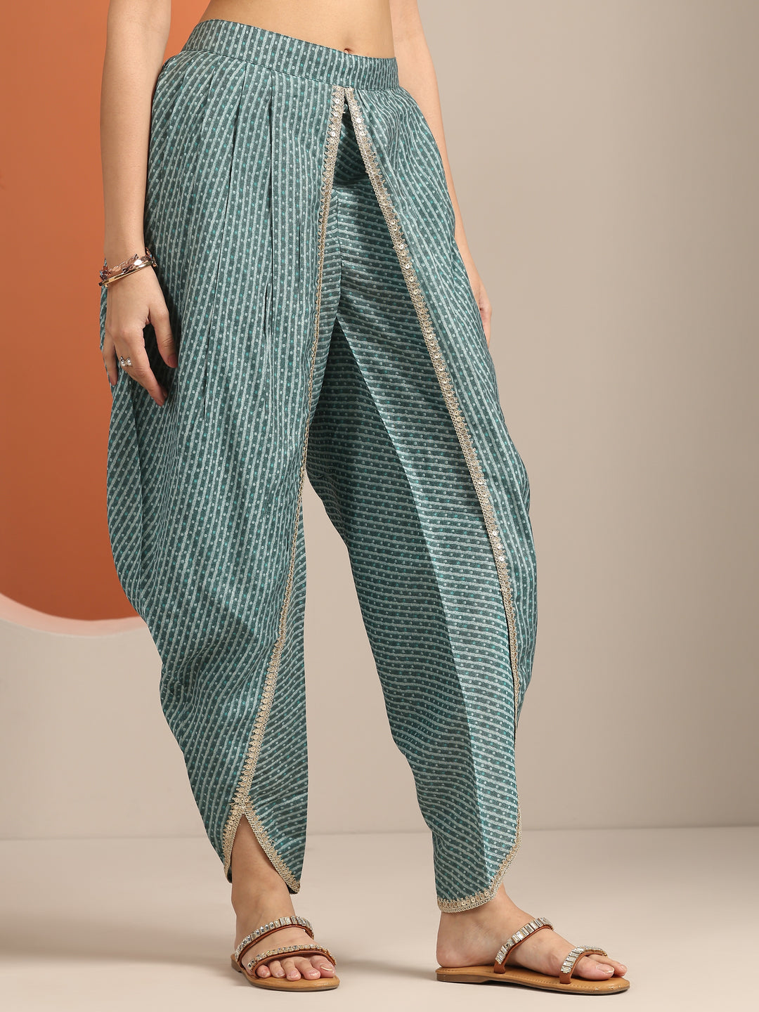 Blue Printed Silk Blend A-Line Kurta With Dhoti Pants