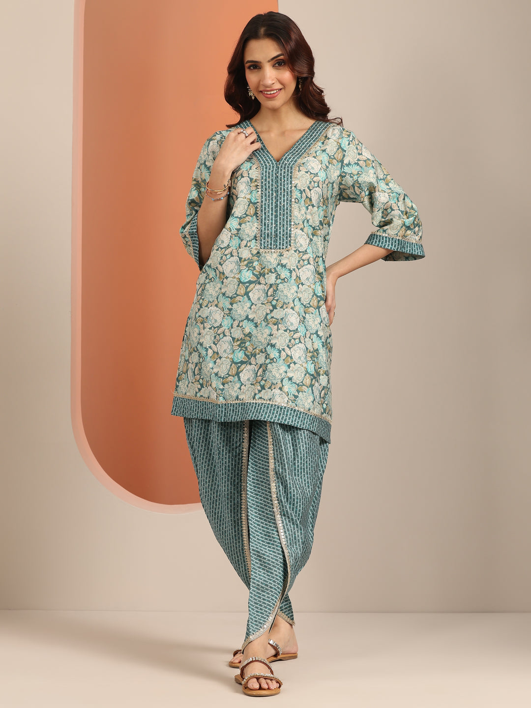 Blue Printed Silk Blend A-Line Kurta With Dhoti Pants