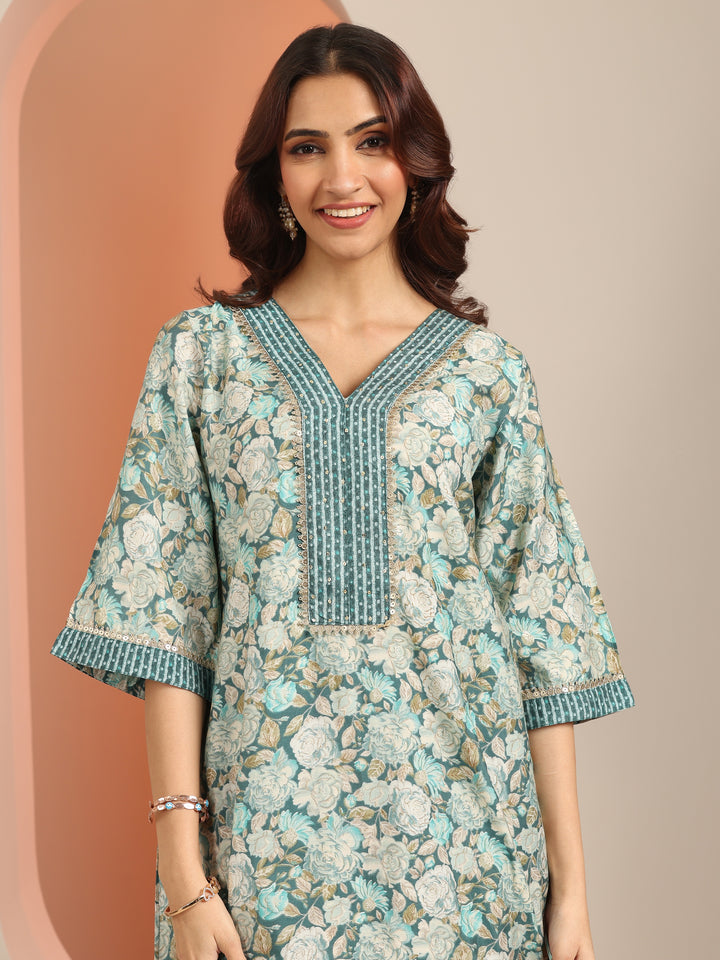 Blue Printed Silk Blend A-Line Kurta With Dhoti Pants