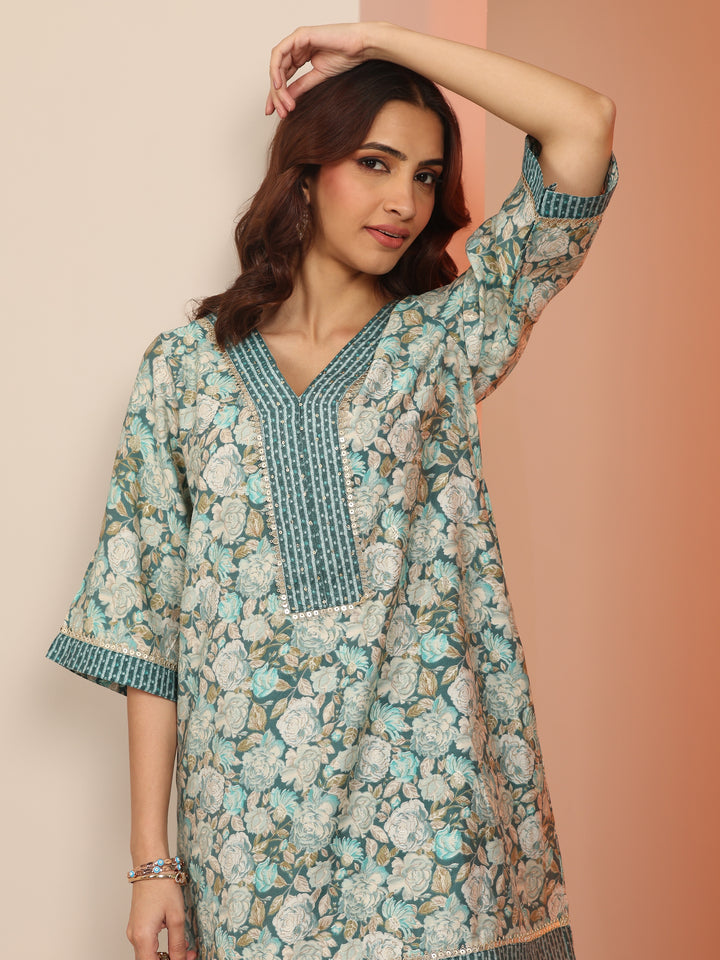 Blue Printed Silk Blend A-Line Kurta With Dhoti Pants