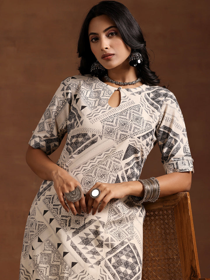 Beige Printed Cotton Straight Kurta Set