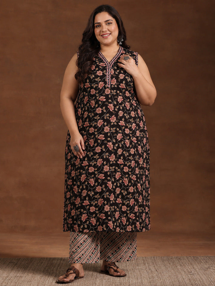 Plus Size Black Printed Cotton Straight Kurta Set