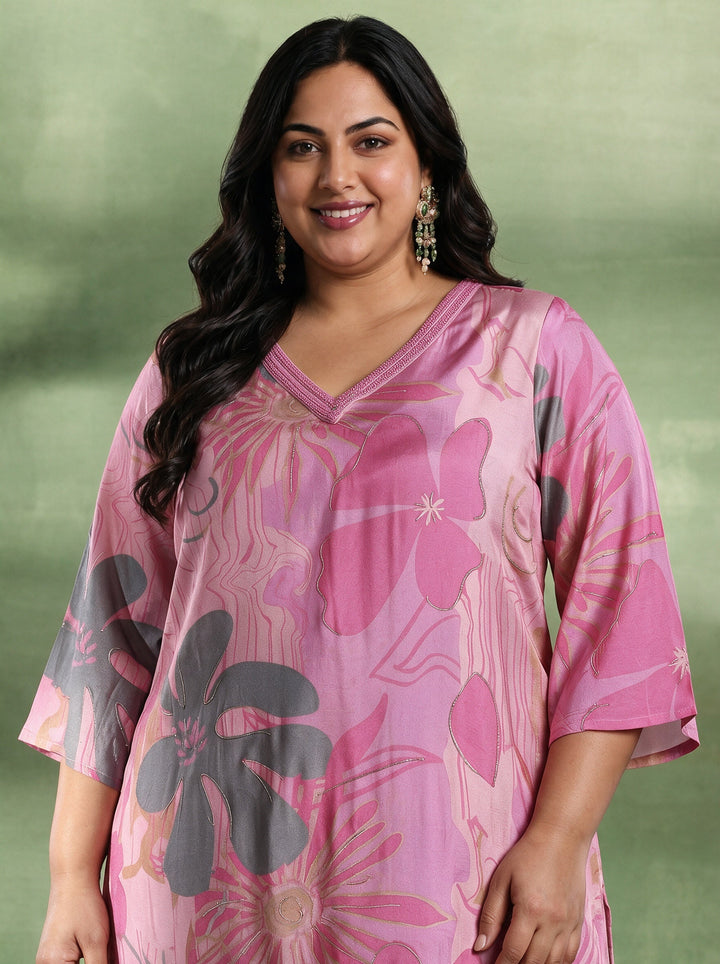 Plus Size Pink Printed Silk Blend Co-Ords