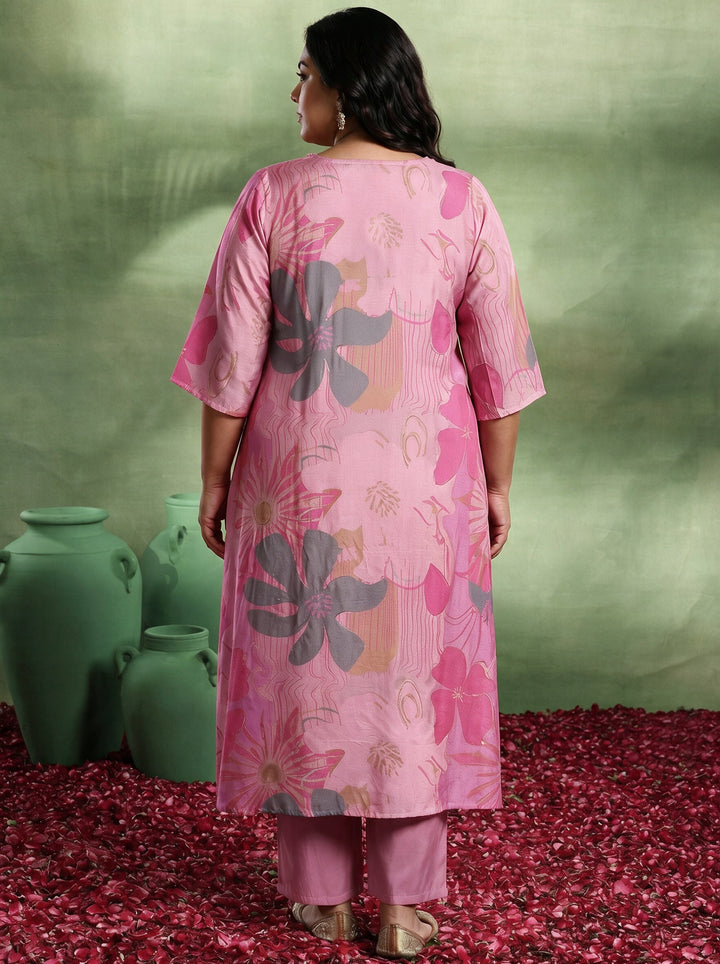 Plus Size Pink Printed Silk Blend Co-Ords