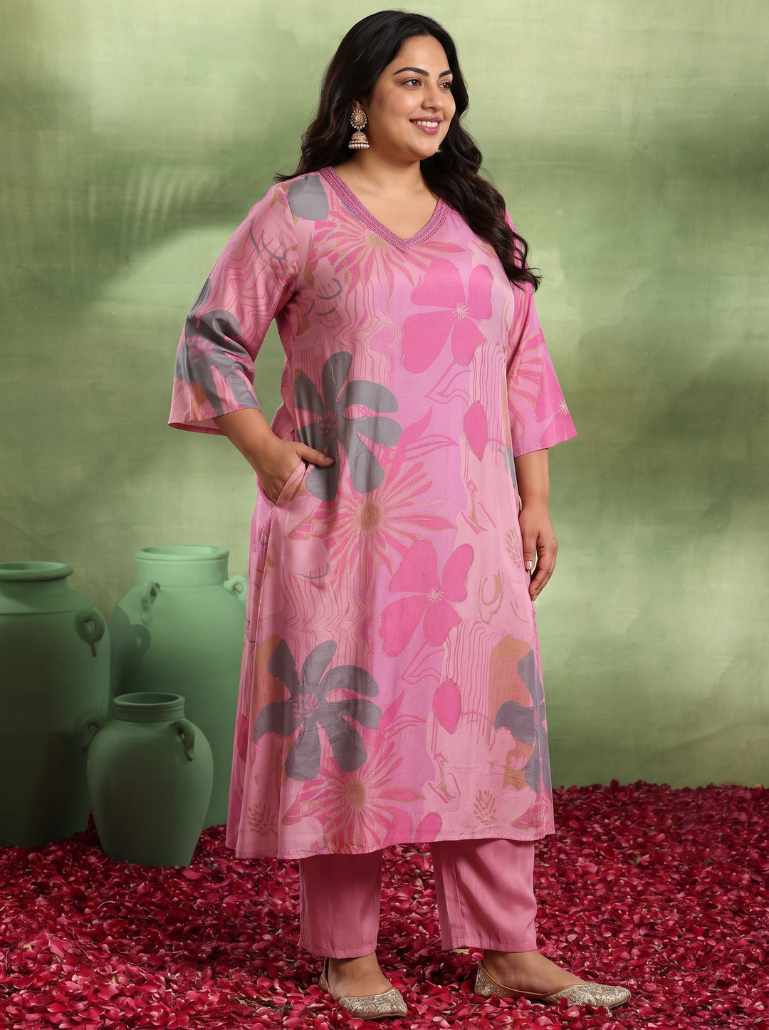 Plus Size Pink Printed Silk Blend Co-Ords