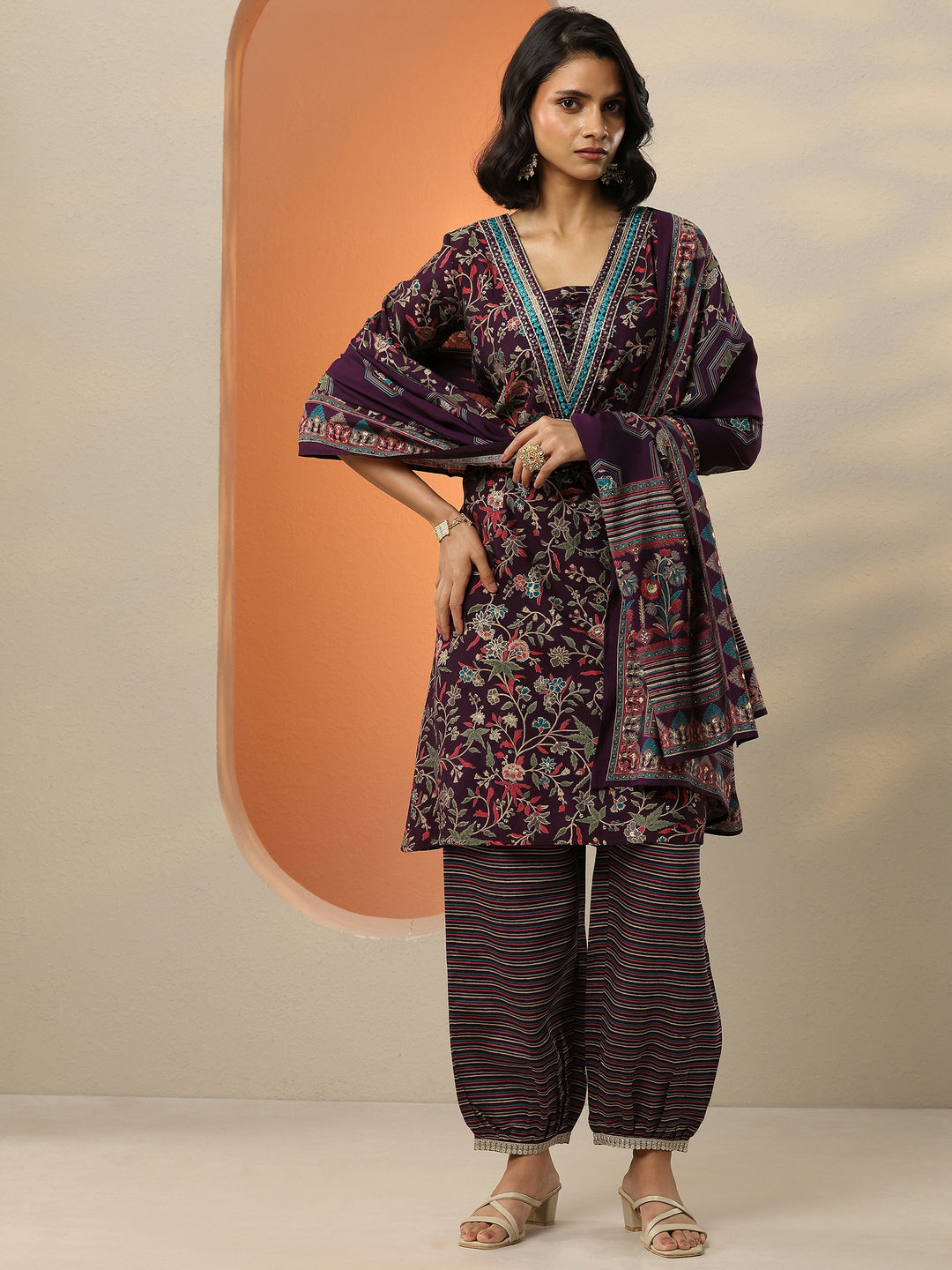 Wine Printed Silk Blend A-Line Kurta With Salwar & Dupatta