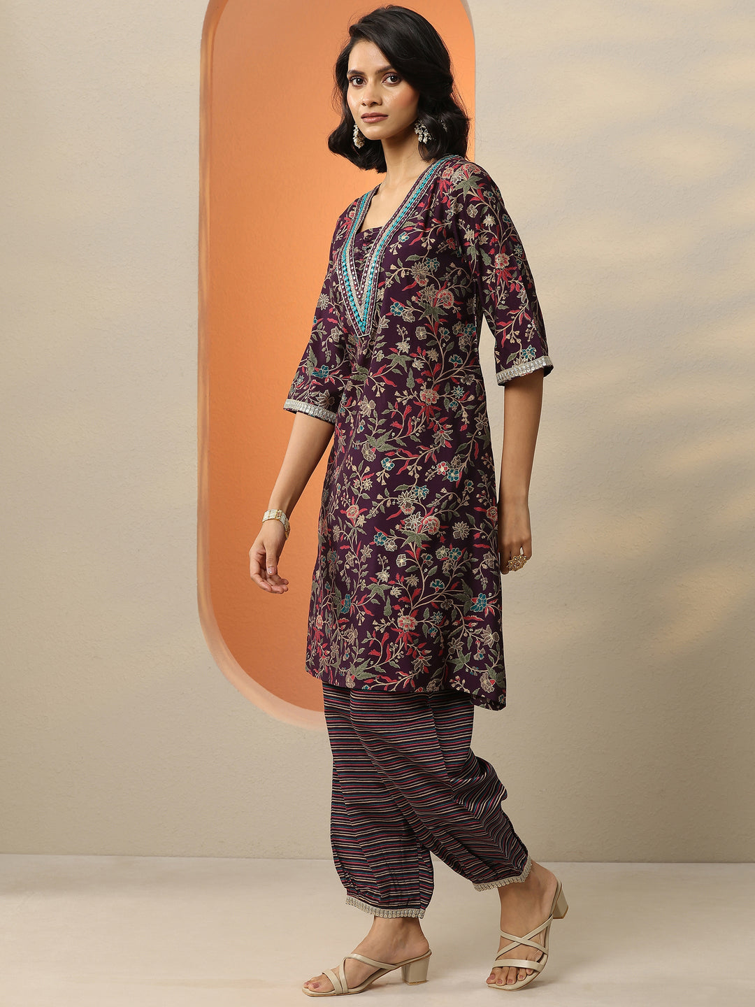 Wine Printed Silk Blend A-Line Kurta With Salwar & Dupatta