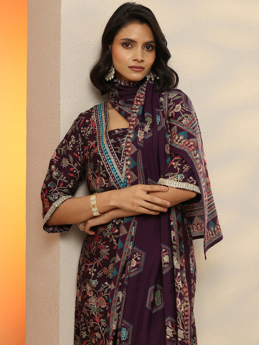 Wine Printed Silk Blend A-Line Kurta With Salwar & Dupatta