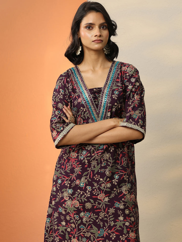Wine Printed Silk Blend A-Line Kurta With Salwar & Dupatta