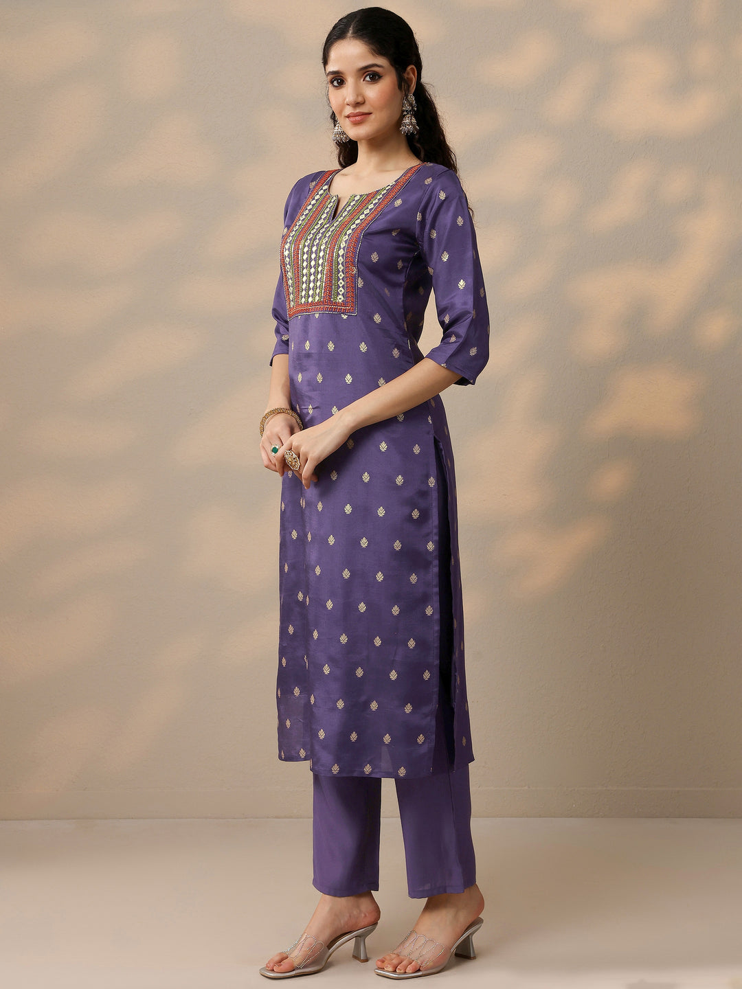 Purple Woven Design Silk Blend Straight Suit With Dupatta