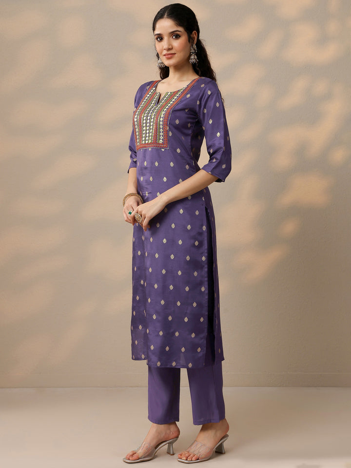 Purple Woven Design Silk Blend Straight Suit With Dupatta