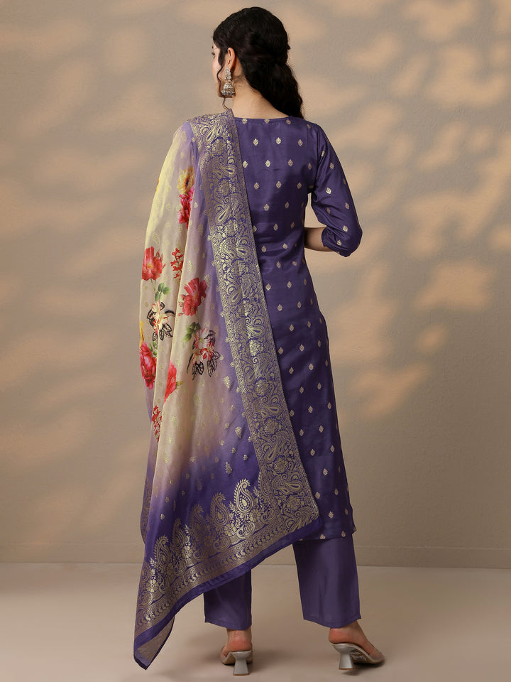Purple Woven Design Silk Blend Straight Suit With Dupatta