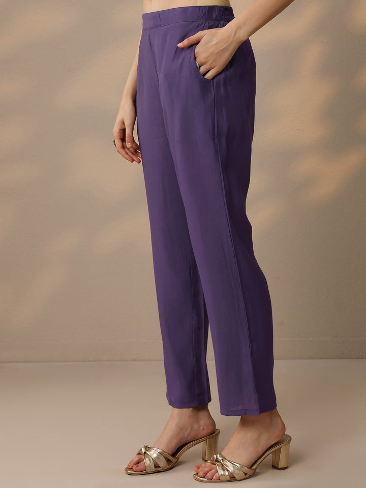 Purple Woven Design Silk Blend Straight Suit With Dupatta