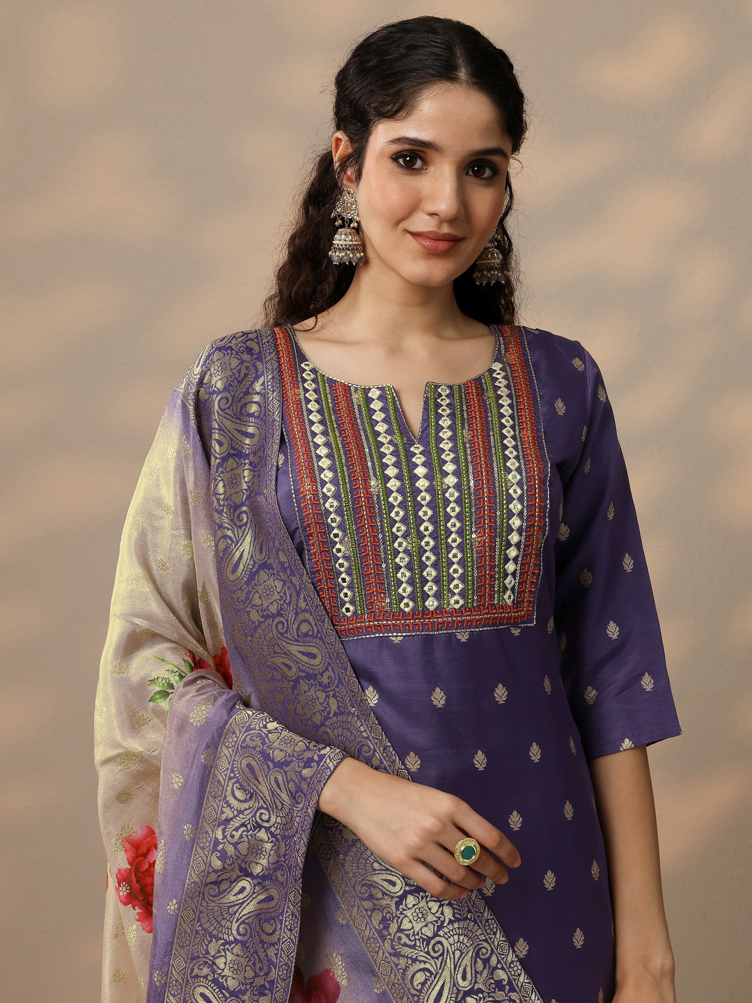 Purple Woven Design Silk Blend Straight Suit With Dupatta
