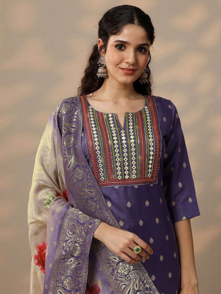 Purple Woven Design Silk Blend Straight Suit With Dupatta