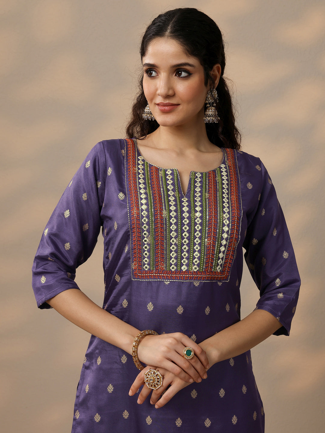 Purple Woven Design Silk Blend Straight Suit With Dupatta