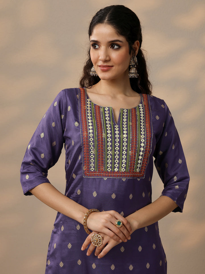 Purple Woven Design Silk Blend Straight Suit With Dupatta