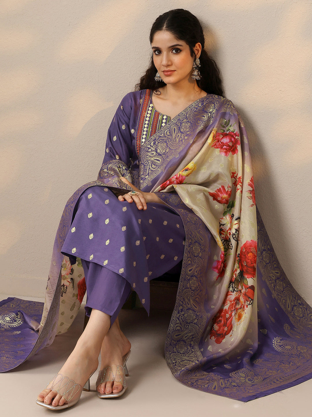 Purple Woven Design Silk Blend Straight Suit With Dupatta