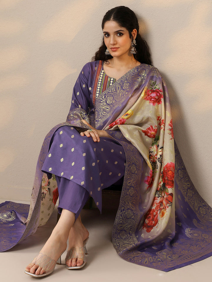 Purple Woven Design Silk Blend Straight Suit With Dupatta