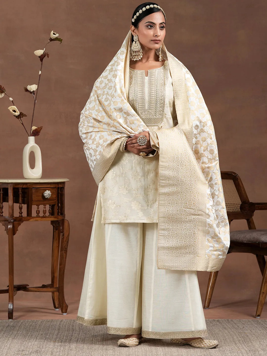 Libas Off White Woven Design Chanderi Silk Straight Suit With Dupatta